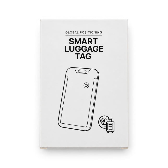 Jet Luggage Tag Tracker - A white box containing a smart luggage tag, featuring a logo and a simple illustration of the tag design.