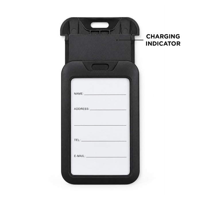 Jet Luggage Tag Tracker - A black luggage tag tracker with a clear window for details and a charging indicator feature.