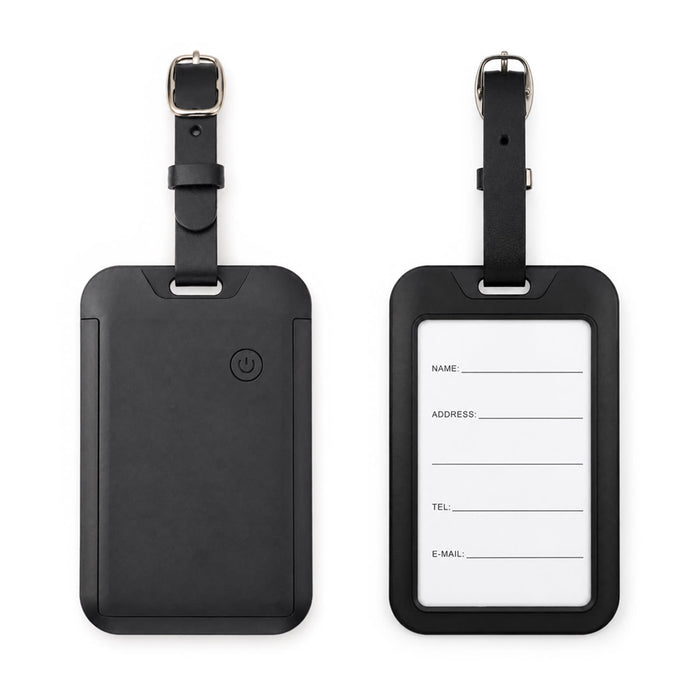 Jet Luggage Tag Tracker - A black luggage tag with a strap, featuring a front and back view and a branding logo. The back has a blank information section.