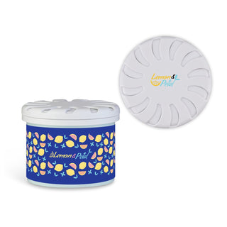 Bloom Fragrance Pot - A round fragrance pot in blue featuring a colourful patterned design, with a white lid and branding on top.