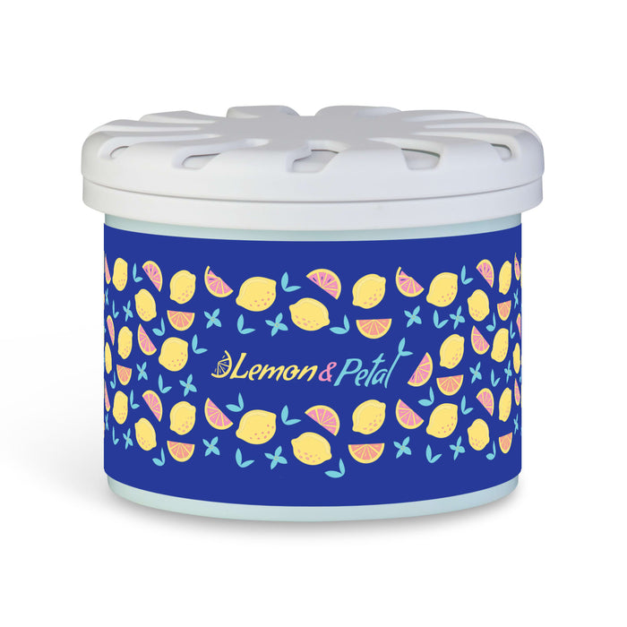 Bloom Fragrance Pot - A round scent pot in blue featuring a colourful lemon and petal design, topped with a white lid and floral accents.