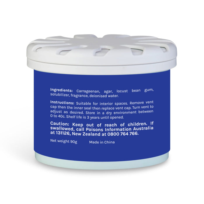 Bloom Fragrance Pot - A blue fragrance pot with a white lid, featuring ingredients and usage instructions. Contains 90g of product.