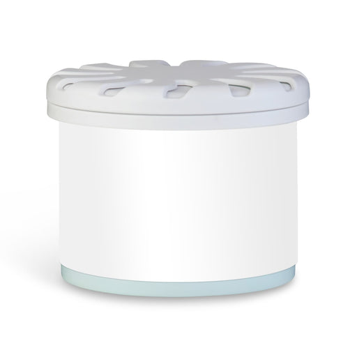 Bloom Fragrance Pot - A white fragrance pot with a decorated lid and a light blue base, featuring a branding logo.