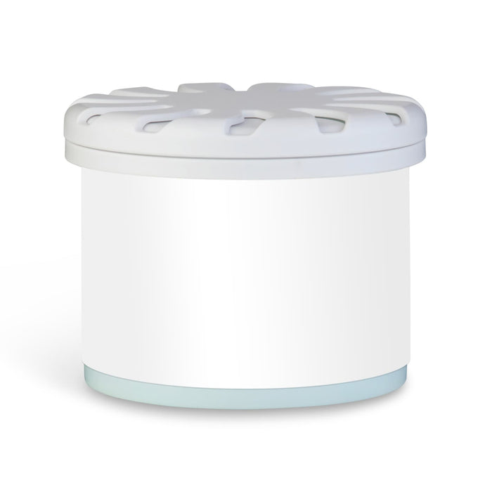 Bloom Fragrance Pot - A white fragrance pot with a decorated lid and a light blue base, featuring a branding logo.