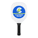 The Play & Graze - A white pickleball paddle with a circular logo featuring a yellow ball and blue accents. It has a black grip.