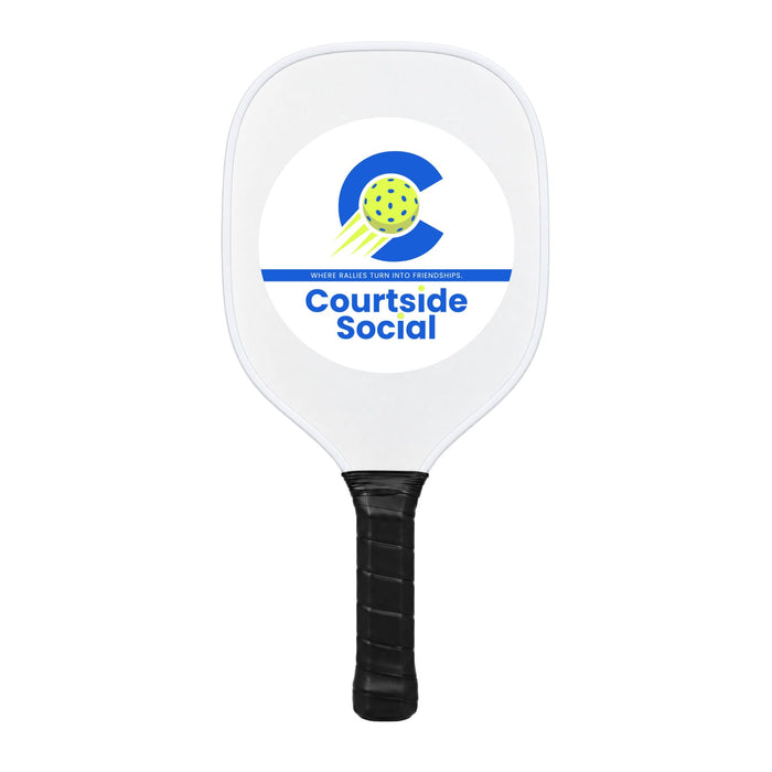 Matchpoint Pickleball Set - A white pickleball paddle with a black handle and a logo featuring a green ball and blue text.