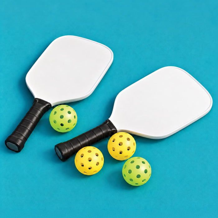 Matchpoint Pickleball Set - A pickleball set featuring two white paddles and three balls in yellow and green on a blue background.