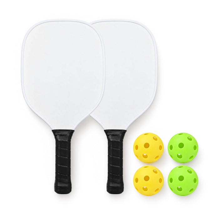 Matchpoint Pickleball Set - A pickleball set featuring two paddles with black grips and four balls in yellow and green.