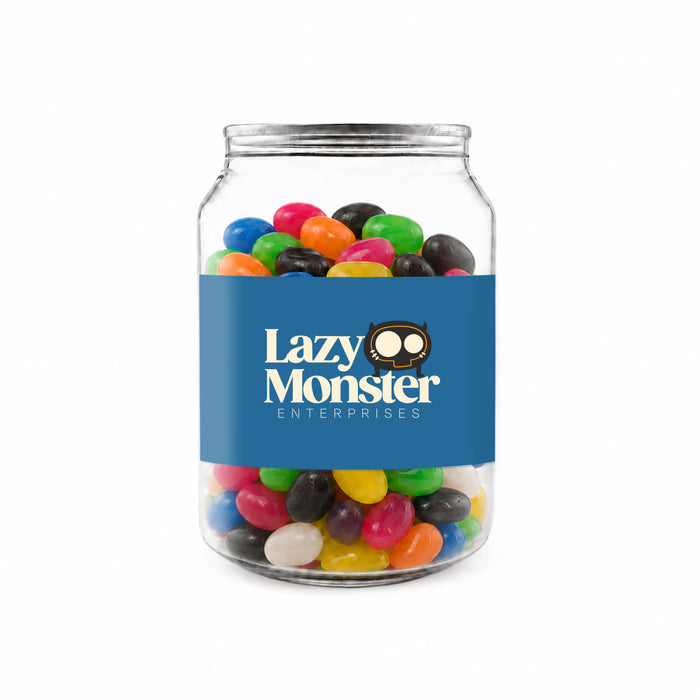 Assorted Jelly Beans in Clear Can 210g - A clear jar filled with assorted jelly beans in various colours, featuring a label with a logo.