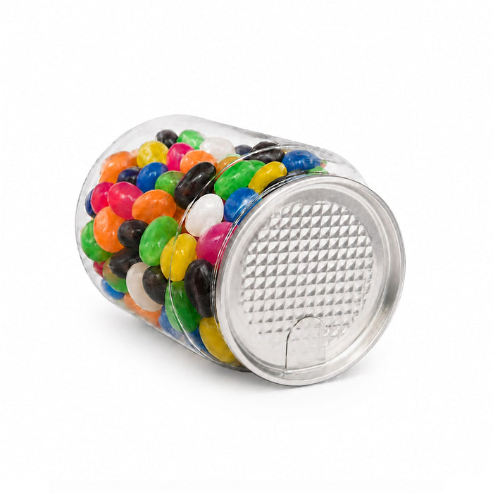Assorted Jelly Beans in Clear Can 210g - A clear can filled with assorted jelly beans in vibrant colours, including black, white, pink, green, and yellow.