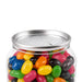 Assorted Jelly Beans in Clear Can 210g - A clear can containing an assortment of colourful jelly beans, including red, yellow, green, black, and blue.