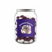 Corporate Colour Jelly Beans in Clear Can 210g - A clear jar filled with purple and white jelly beans, featuring a logo on the front.