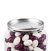 Corporate Colour Jelly Beans in Clear Can 210g - A clear can filled with purple and white jelly beans, topped with a metallic lid featuring a perforated design.