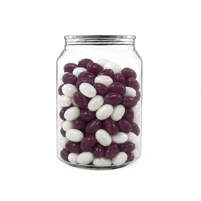Corporate Colour Jelly Beans in Clear Can 210g - A clear can filled with purple and white jelly beans, featuring a metallic lid.