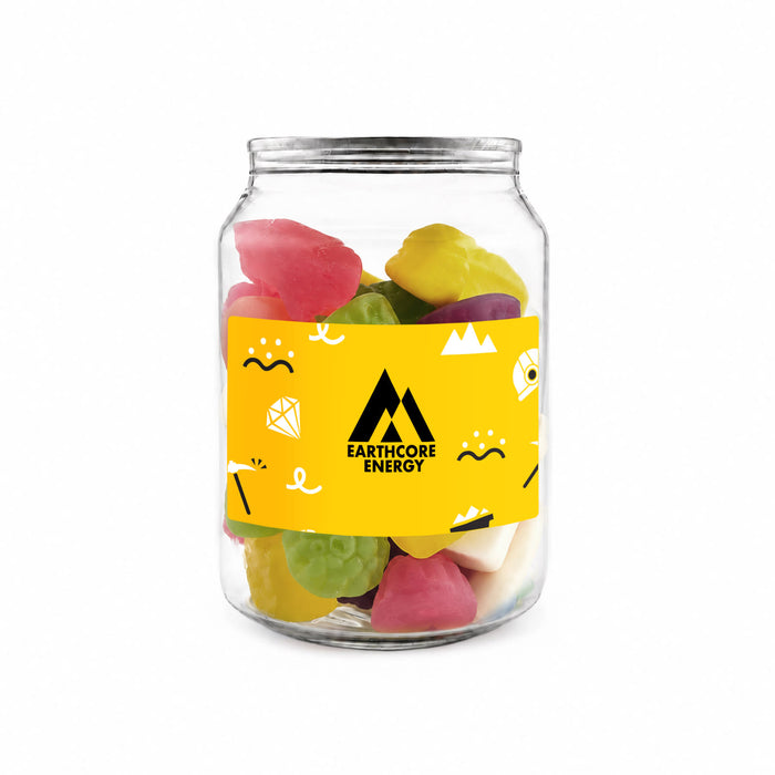 Jelly Party Mix in Clear Can 150g - A clear jar containing colourful jelly sweets in various shapes, with a logo on the label.