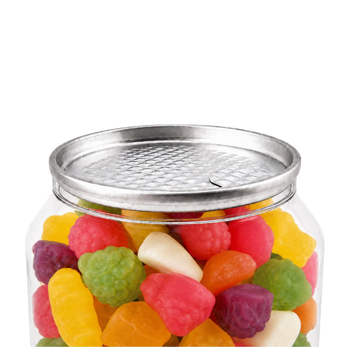 Jelly Party Mix in Clear Can 150g - A clear can filled with colourful jelly party mix sweets in various fruity shapes. The lid features a textured design.