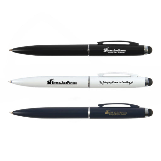 Starion Pen - Three metal pens in black, white, and blue, each featuring a logo and a clip.