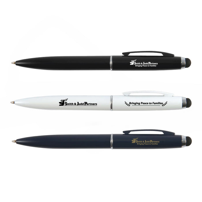 Starion Pen - Three metal pens in black, white, and blue, each featuring a logo and a clip.