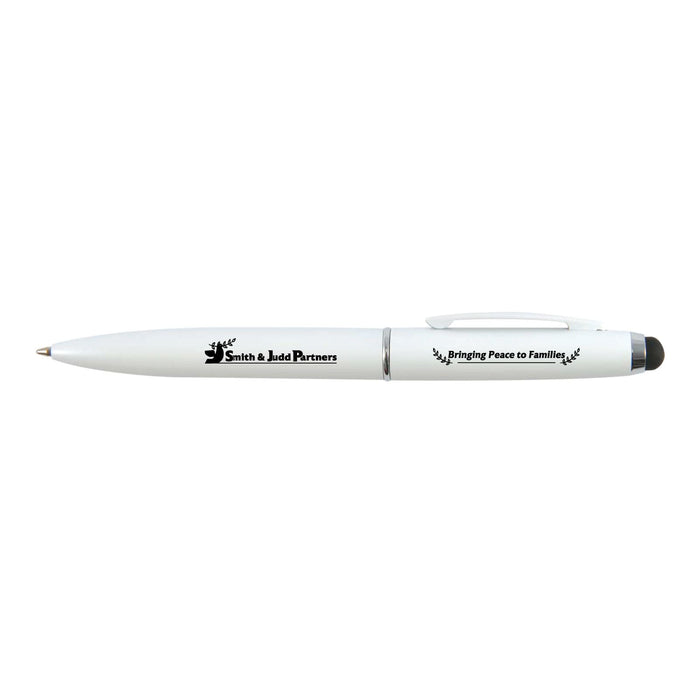 Starion Pen - A metal pen in white with a clip and a black tip, featuring a logo and text design.