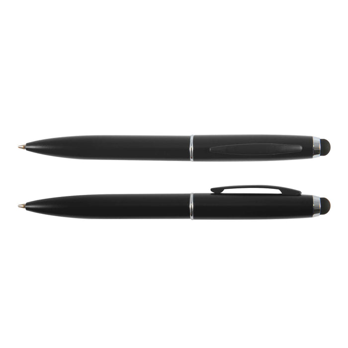 Starion Pen - A black metal pen is displayed horizontally, featuring a sleek design with silver accents and a logo.