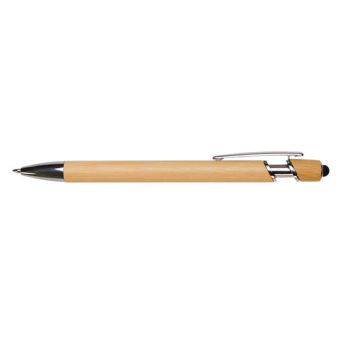 Miami Bamboo Pen - A bamboo pen with a natural finish and silver accents, featuring a clip and a black ballpoint tip.