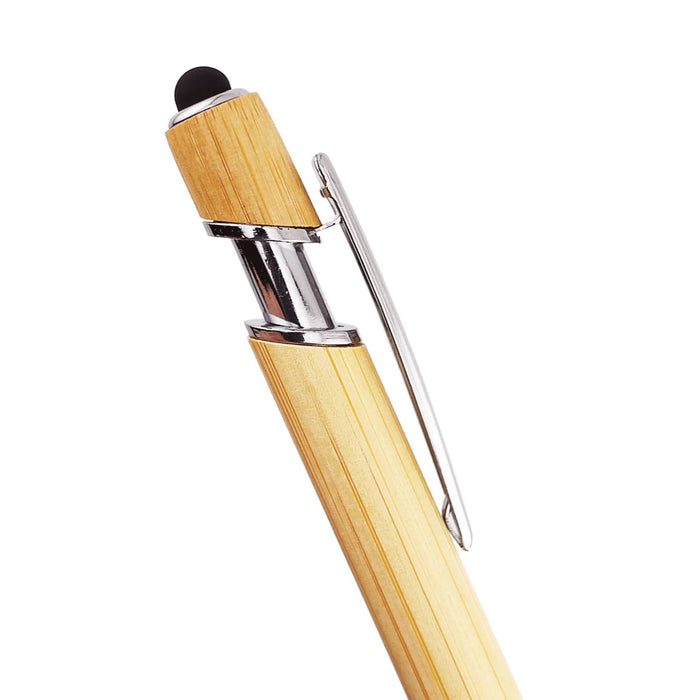 Miami Bamboo Pen - A bamboo pen with a chrome clip and a black tip, showcasing a natural wood finish. It features a logo.