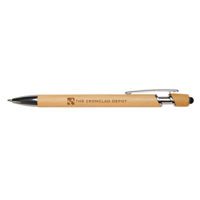 Miami Bamboo Pen - A bamboo pen with a chrome clip and a black ink cartridge. The pen features a logo on the barrel.