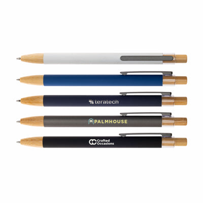 Serenity Aluminium Pen - A collection of five Serenity Aluminium Pens in various colors, featuring wooden accents and different branding options.