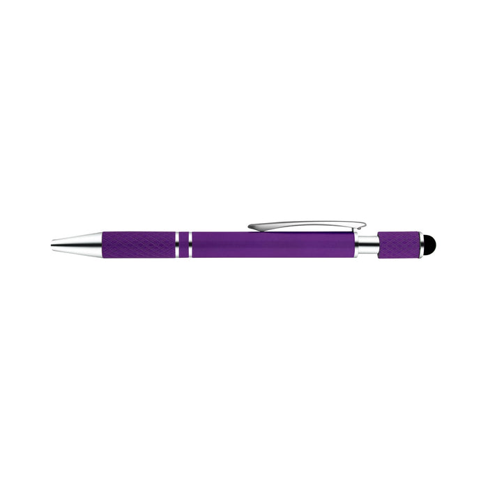 The Mindful Moment - A purple spinner pen with a silver clip and accents, featuring a textured grip and a stylus tip.