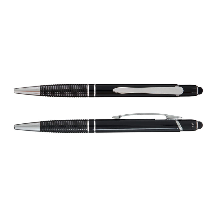 Tech Pack Essential - A black aluminium pen with chrome accents, featuring a textured grip and a clip. It includes a branding logo.