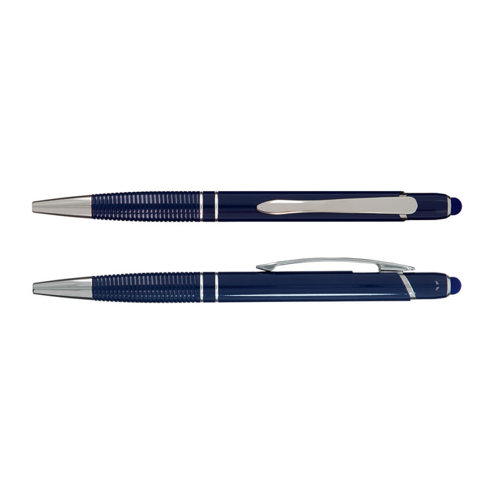 Tech Pack Essential - A blue aluminium pen with a silver clip and textured grip, featuring a logo on its body.