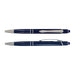 Tech Pack Power - A blue aluminium pen with a silver clip and textured grip, featuring a logo on its body.