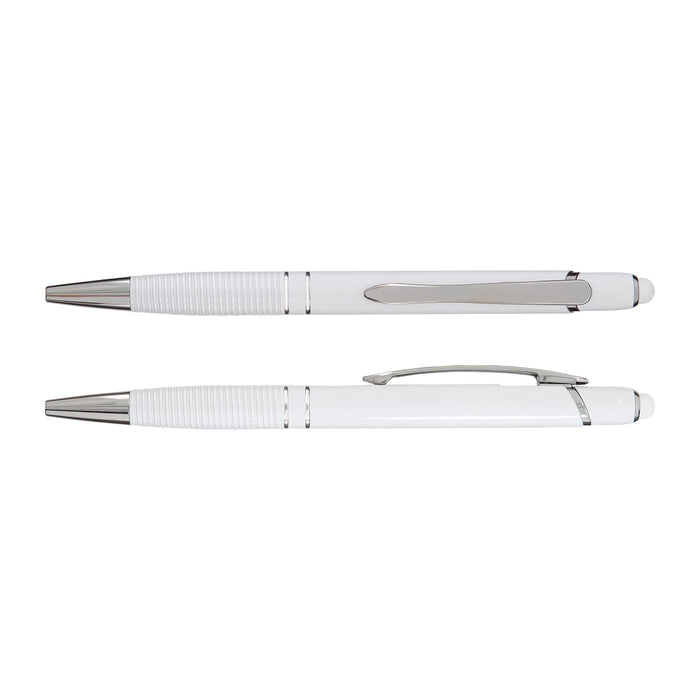 Tech Pack Essential - A white aluminium pen with silver accents, featuring a grooved grip and a clip. The pen has a sleek, modern design.