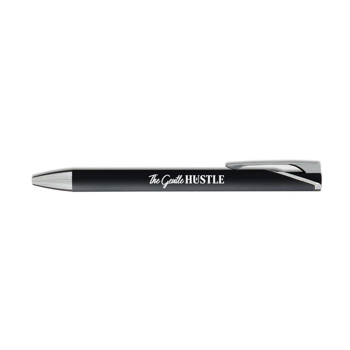 Maddie Gel Ink Pen - A black gel ink pen with a silver clip and a logo on the barrel.