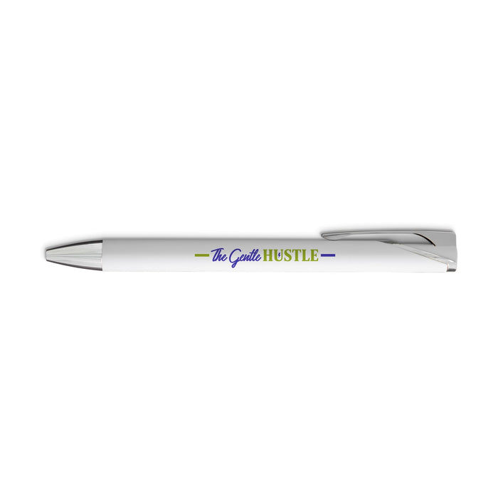 Maddie Gel Ink Pen - A white gel ink pen with a silver nib and a logo printed on the barrel.