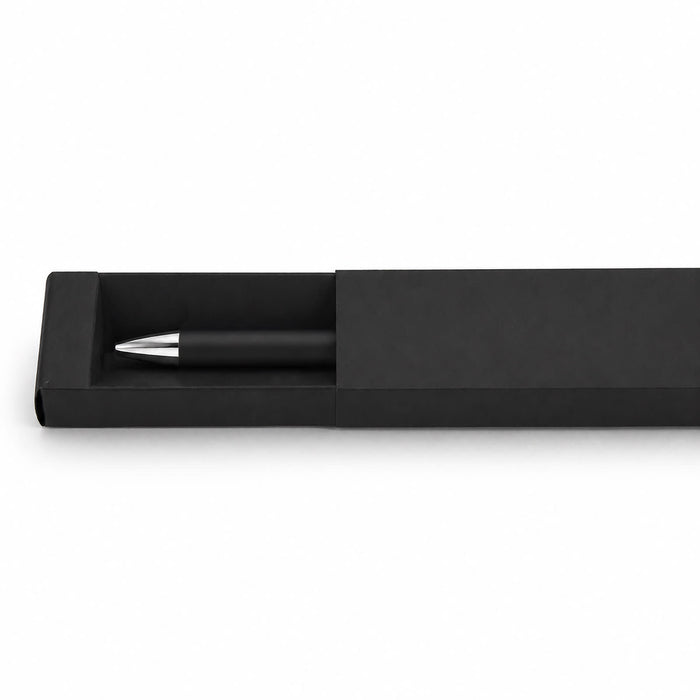 Maddie Gel Ink Pen - A black gel ink pen displayed in a sleek black box with a simple design. The pen features a metallic silver accent.