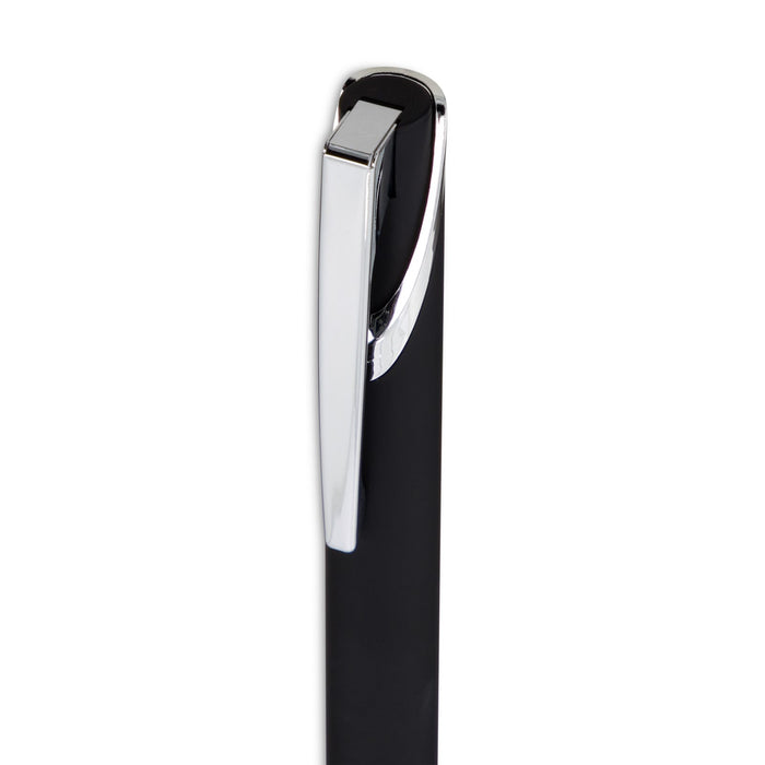 Maddie Gel Ink Pen - A black gel ink pen with a sleek chrome clip, featuring a simple design and branding logo.