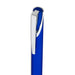 Maddie Gel Ink Pen - A blue gel ink pen with a sleek silver clip and shiny finish, featuring branding on the barrel.