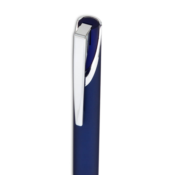 Maddie Gel Ink Pen - A gel ink pen with a sleek design, featuring a dark blue barrel and metallic silver clip.