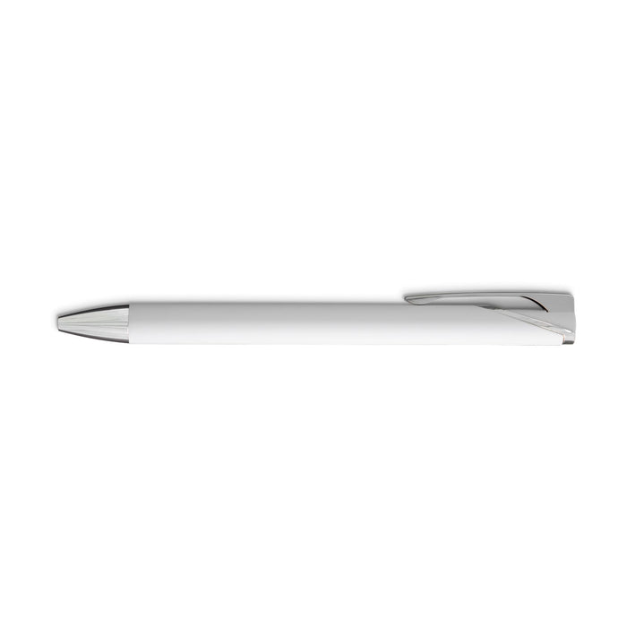 Maddie Gel Ink Pen - A white gel ink pen with a sleek design and silver accents, featuring a clip and a polished tip.