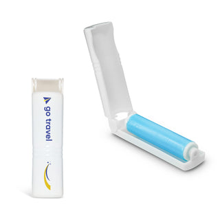 Mini Lint Roller - A mini lint roller featuring a blue roller and a white casing with a logo.