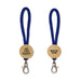 Luxeloop Keytag - A wooden keytag with a blue fabric strap and a metal clip, featuring a branding logo on one side.