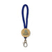 Luxeloop Keytag - A blue keytag with a wooden circular pendant featuring a logo, attached to a metal clasp.