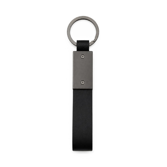Zander Keytag - A black keytag with a metal ring and a rectangular metal plate attached. Simple and stylish design.