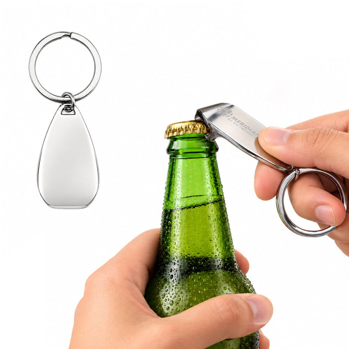 Moby Keytag - A silver keytag bottle opener being used to open a green glass bottle. The opener has a simple, sleek design.
