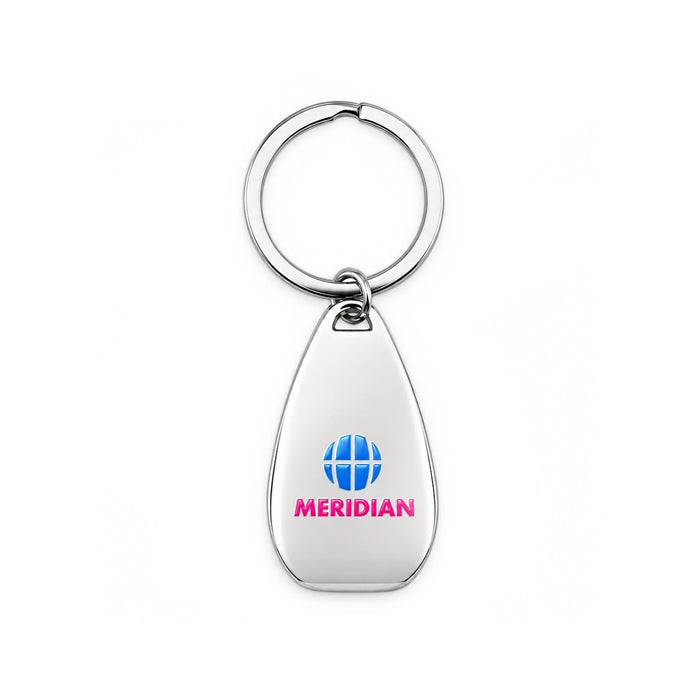 Moby Keytag - A silver keytag with a teardrop shape and a logo, featuring a blue globe and pink text.
