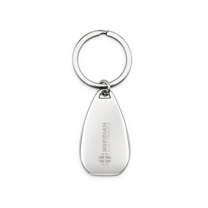 Moby Keytag - A silver keytag with a teardrop shape and a metal keyring, featuring a logo on one side.