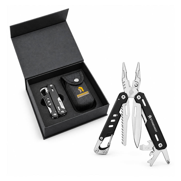Trail Multi Tool - A multi-tool with black handles and multiple stainless steel tools, displayed with a black box and pouch.