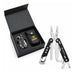 Trail Multi Tool - A multi-tool with black handles and multiple stainless steel tools, displayed with a black box and pouch.