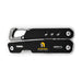 Trail Multi Tool - A black multi-tool featuring a carabiner clip and silver attachments, with a logo on one side.